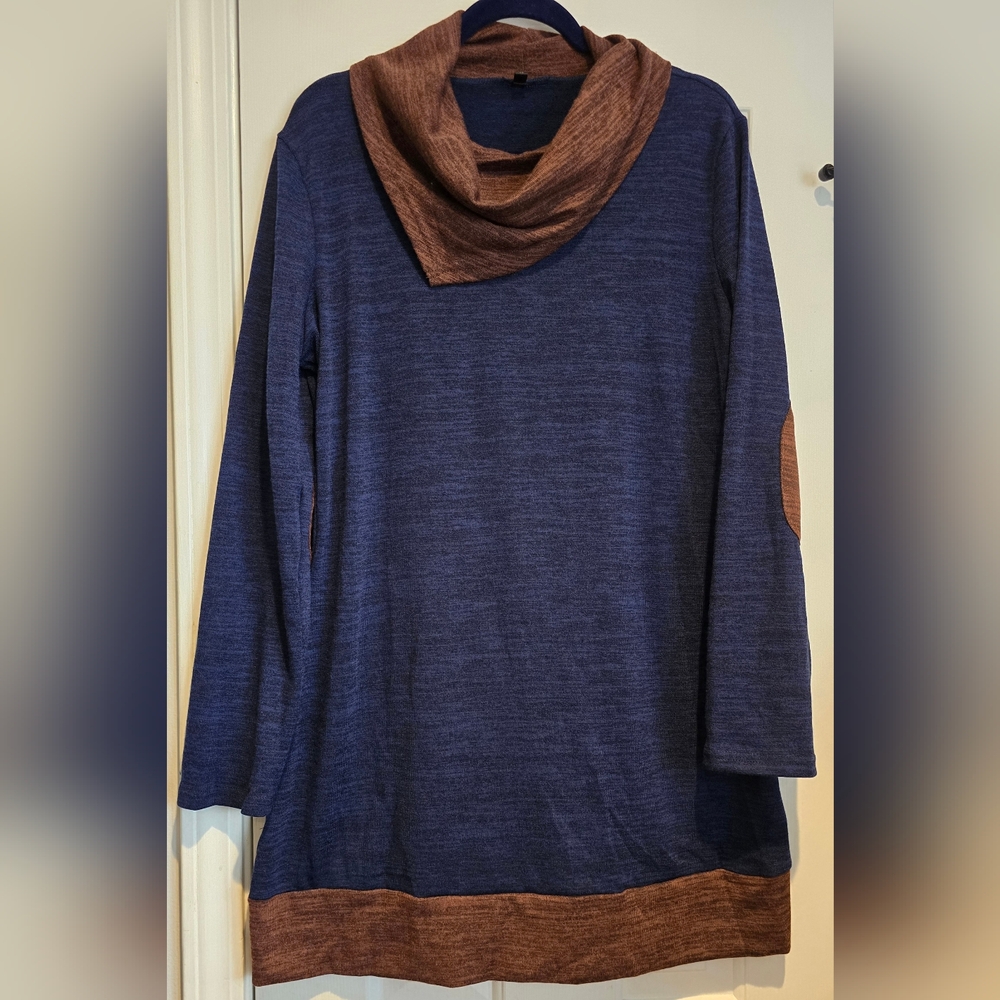 Styleworld Blue & Brown Heathered Women's Size Large Cowl Neck Tunic Shirt Dress